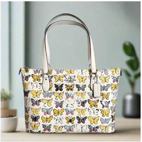 Coach Gallery Tote Butterfly White Signature Canvas CAR36 Shoulder Bag Yellow - Picture 1 of 11